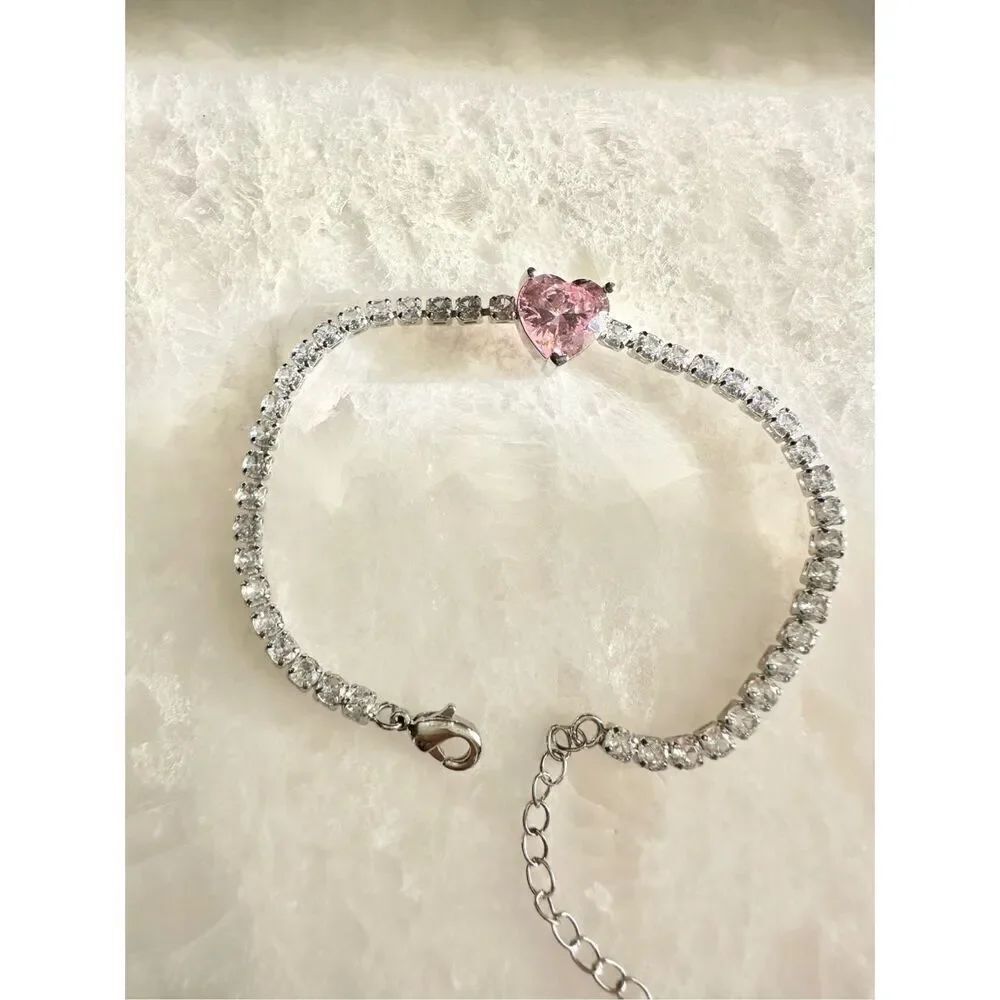 Cubic zirconia pink heart tennis bracelet